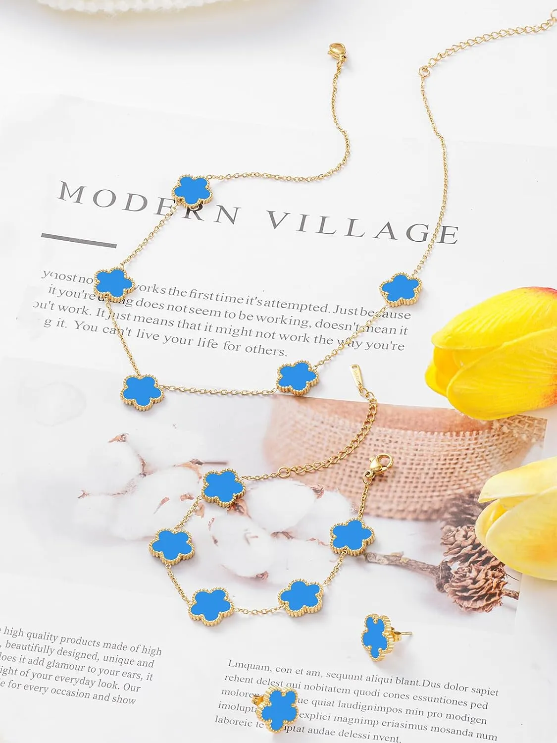 Five Leaf Clover Necklace Bracelet and Stud Set for Women Lucky Flower Gold Plated Jewelry