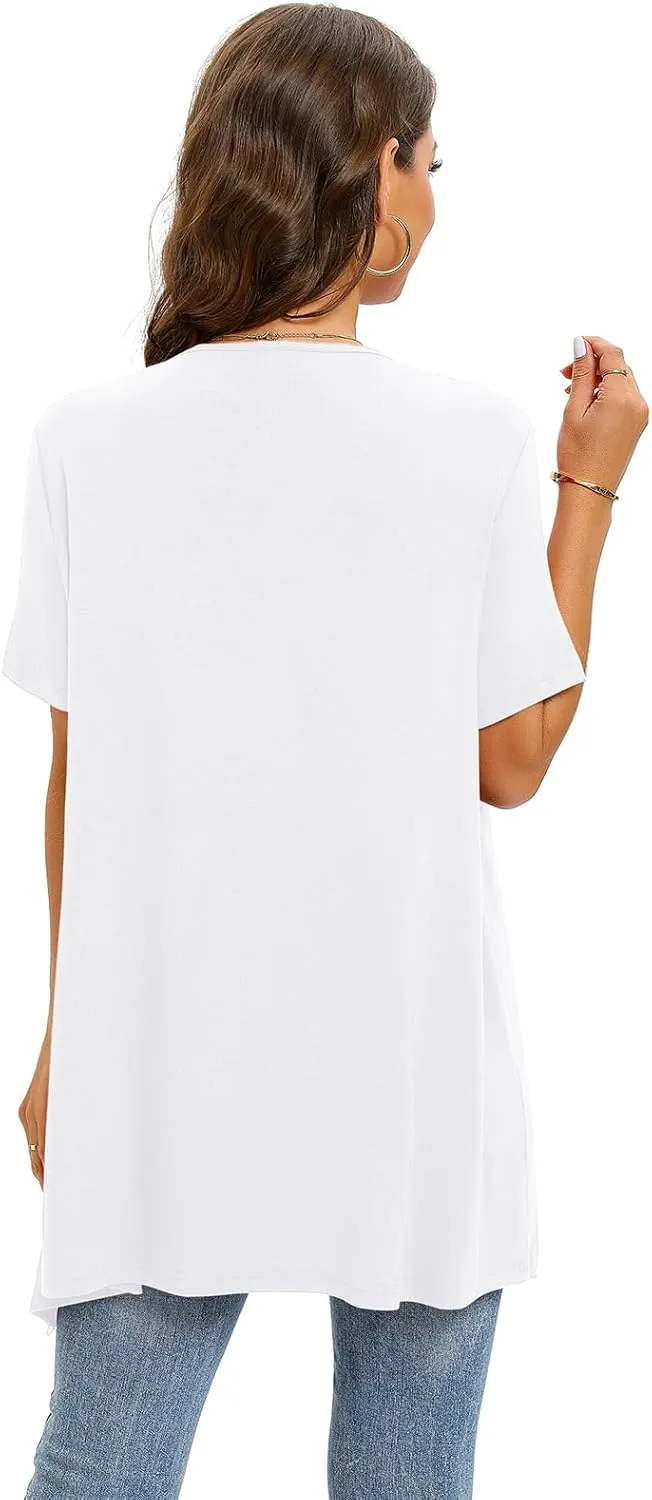 Floral Short Sleeve Cardigans for Women Casual Drape Open Front Lightweight Summer Cardigan with Pocket High Low Hem