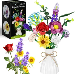 Flowers Bouquet Building Set, Botanical Collection Artificial Flower with Vase, Rose, Sunflower, Hydrangea, Jasmine for Home Decor, Plants Gifts for Mother's Day Anniversary Adults Women Girls