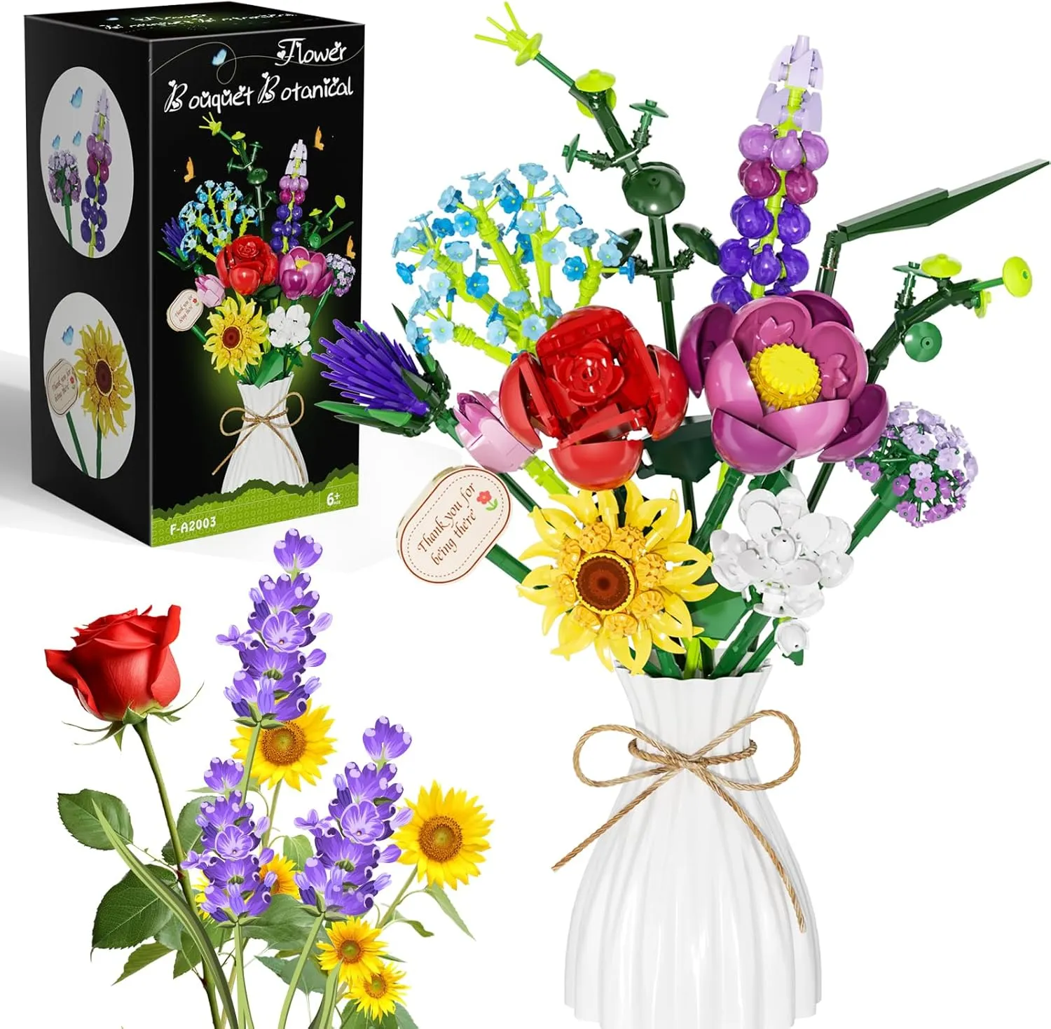 Flowers Bouquet Building Set, Botanical Collection Artificial Flower with Vase, Rose, Sunflower, Hydrangea, Jasmine for Home Decor, Plants Gifts for Mother's Day Anniversary Adults Women Girls