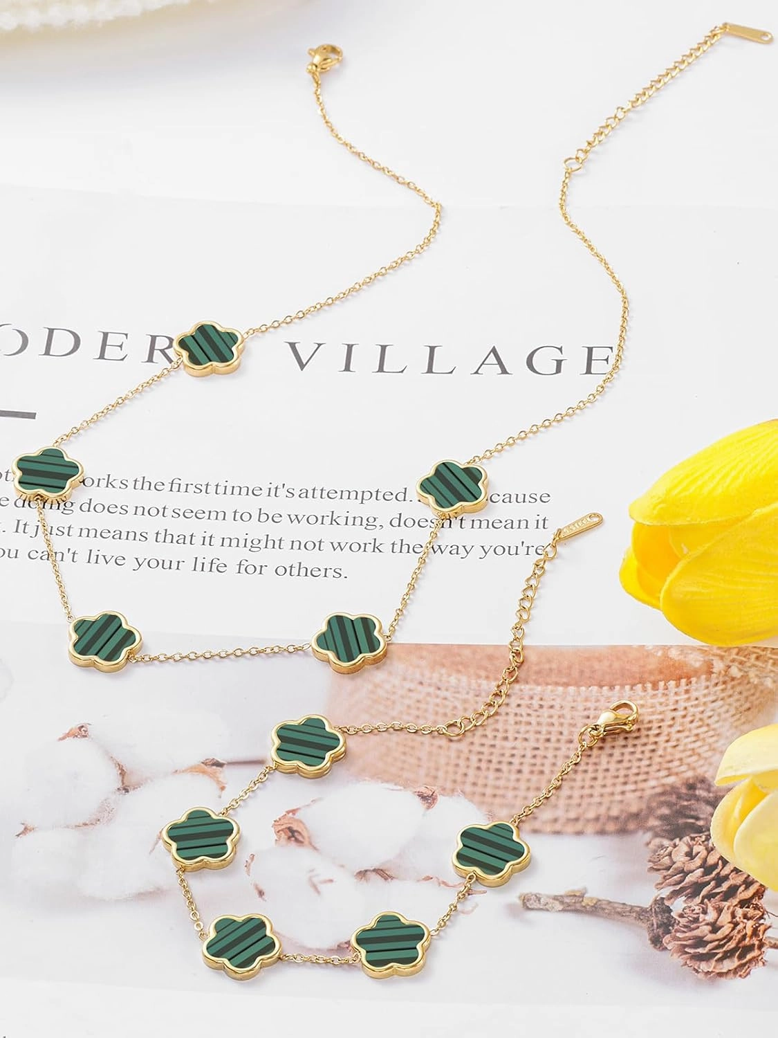Four Leaf Clover Necklace and Bracelet Set for Women Lucky Flower 14K Gold Plated Jewelry