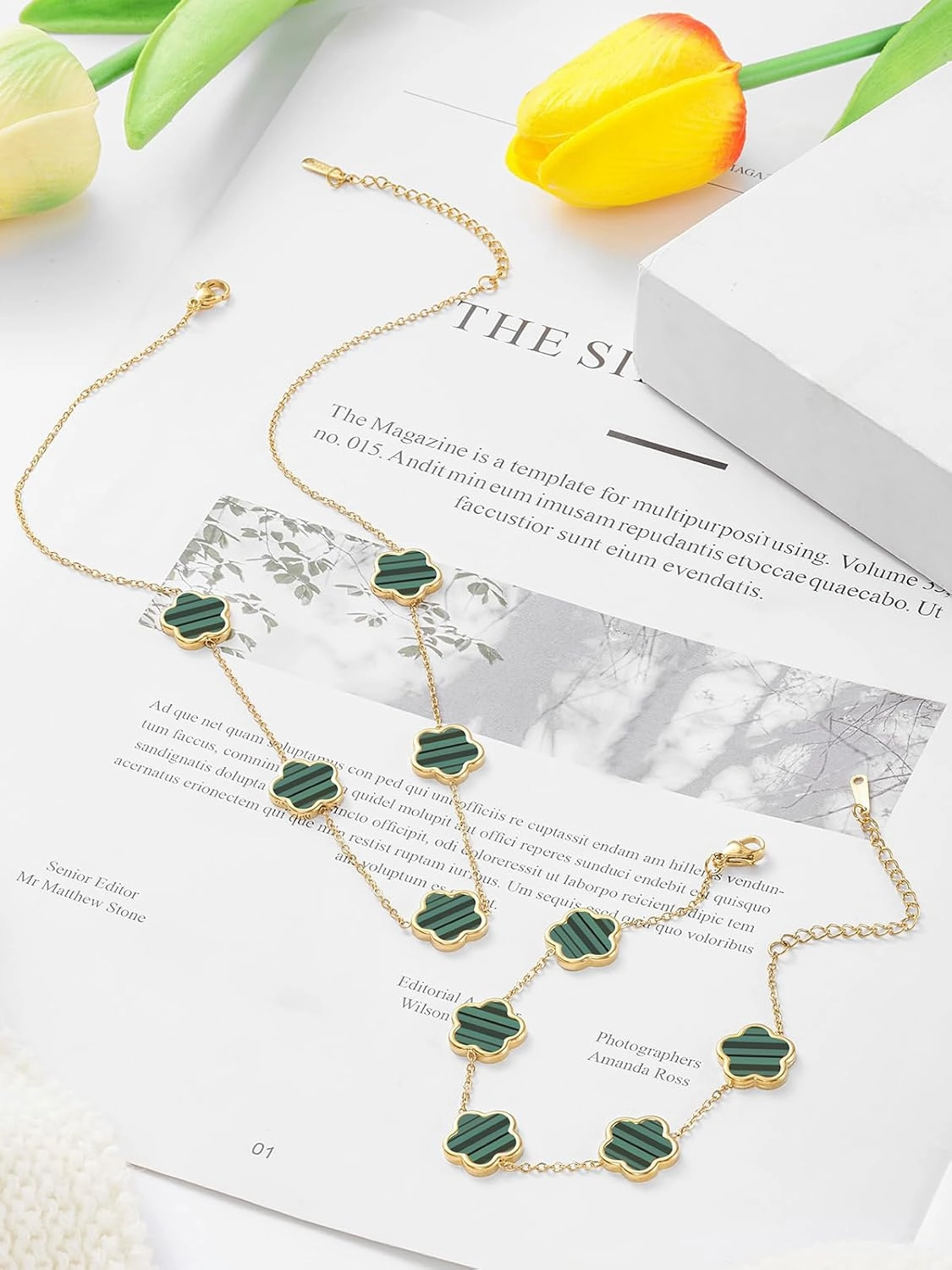 Four Leaf Clover Necklace and Bracelet Set for Women Lucky Flower 14K Gold Plated Jewelry