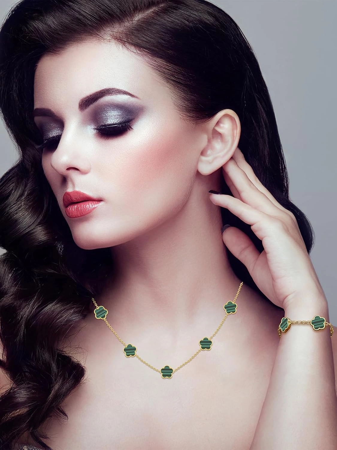 Four Leaf Clover Necklace and Bracelet Set for Women Lucky Flower 14K Gold Plated Jewelry