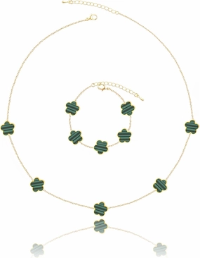 Four Leaf Clover Necklace and Bracelet Set for Women Lucky Flower 14K Gold Plated Jewelry