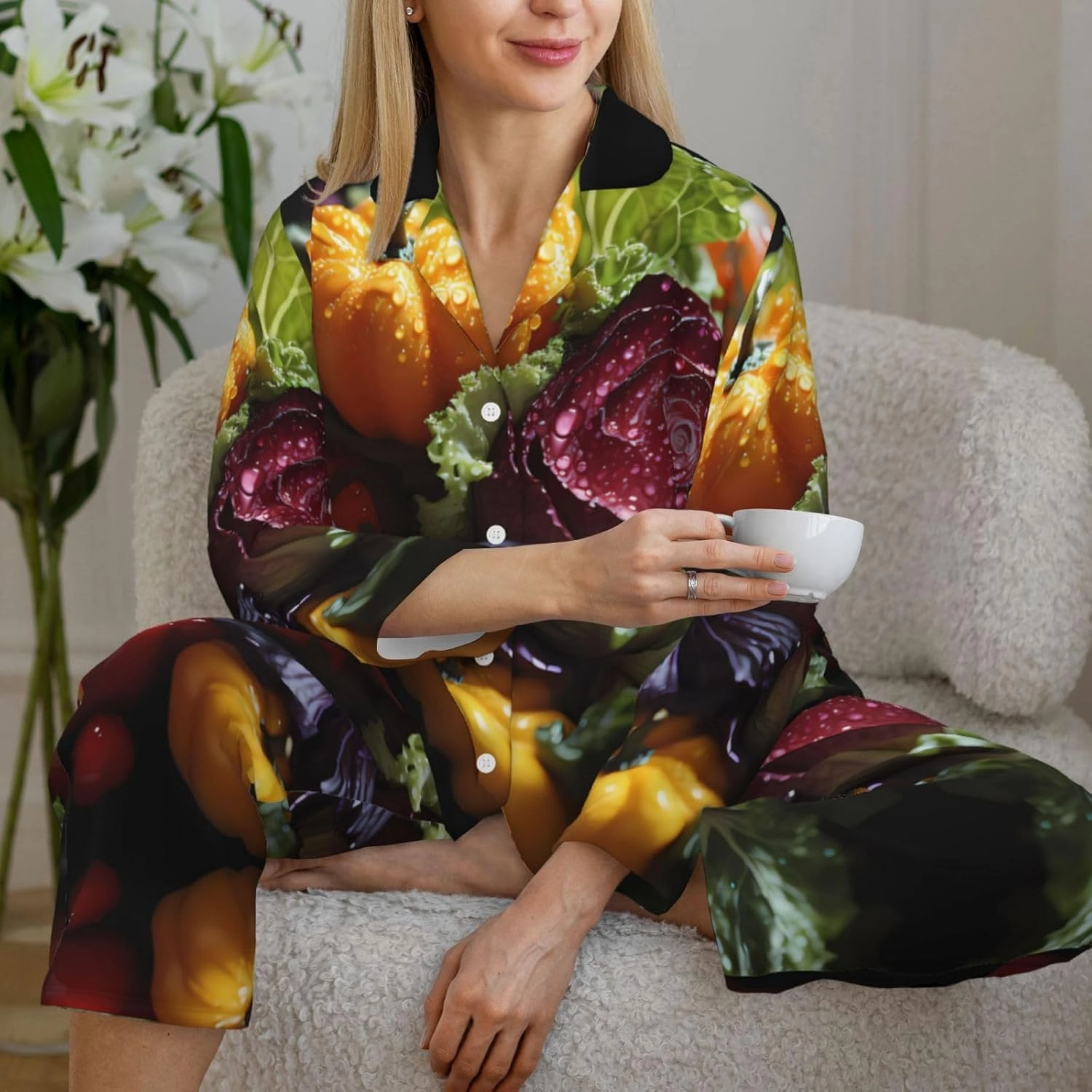 Fresh Cabbage Comfortable Long Sleeve Pajama Set for Women - Skin-Friendly Loungewear for Lounge Parties, and Night Sleep