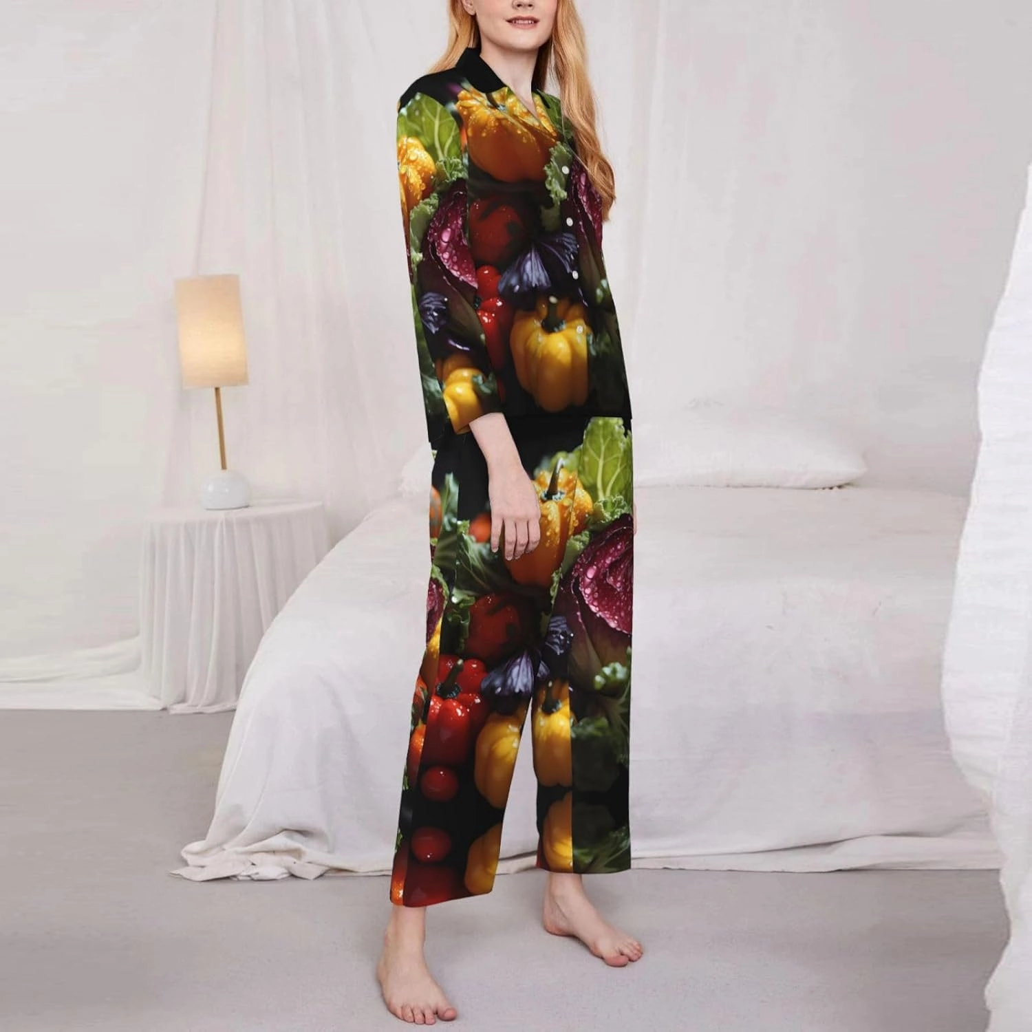 Fresh Cabbage Comfortable Long Sleeve Pajama Set for Women - Skin-Friendly Loungewear for Lounge Parties, and Night Sleep