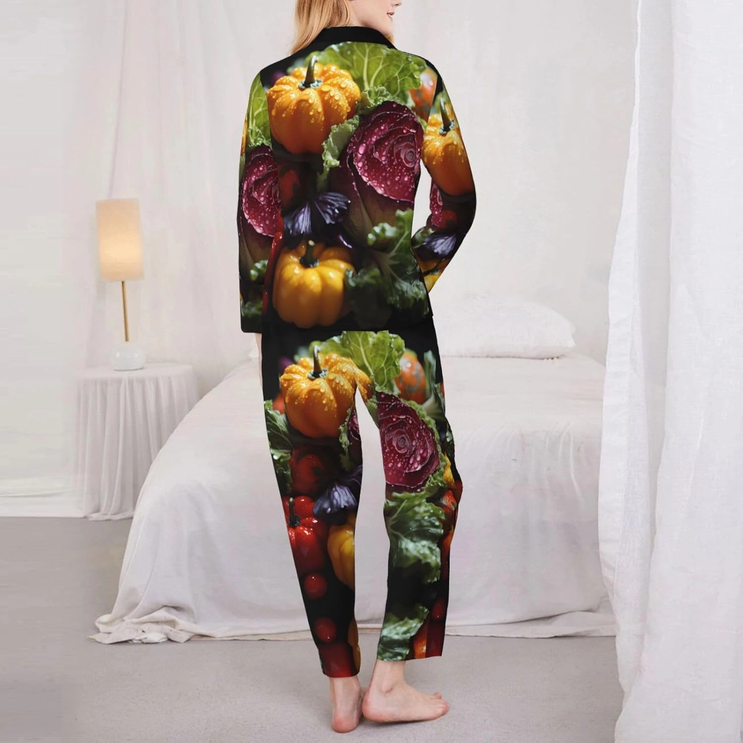 Fresh Cabbage Comfortable Long Sleeve Pajama Set for Women - Skin-Friendly Loungewear for Lounge Parties, and Night Sleep