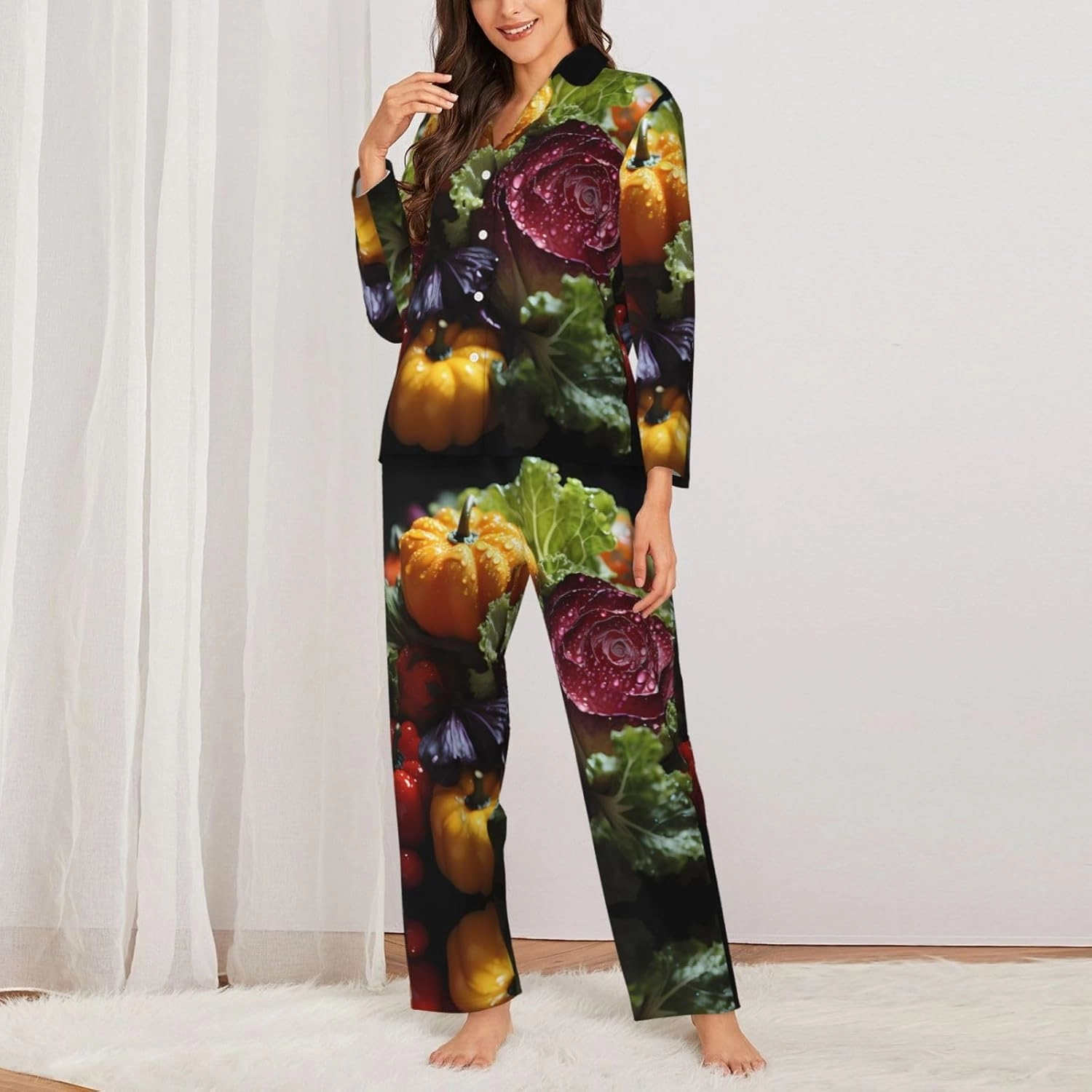 Fresh Cabbage Comfortable Long Sleeve Pajama Set for Women - Skin-Friendly Loungewear for Lounge Parties, and Night Sleep