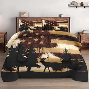 Full Size Comforter Set with 2 Pillowcases, Deer Animal Tree Cow Print 3 Pcs Bedding for Kids and Adults, Retro American Flag Soft Comforter Set for Bedroom Bed Decor