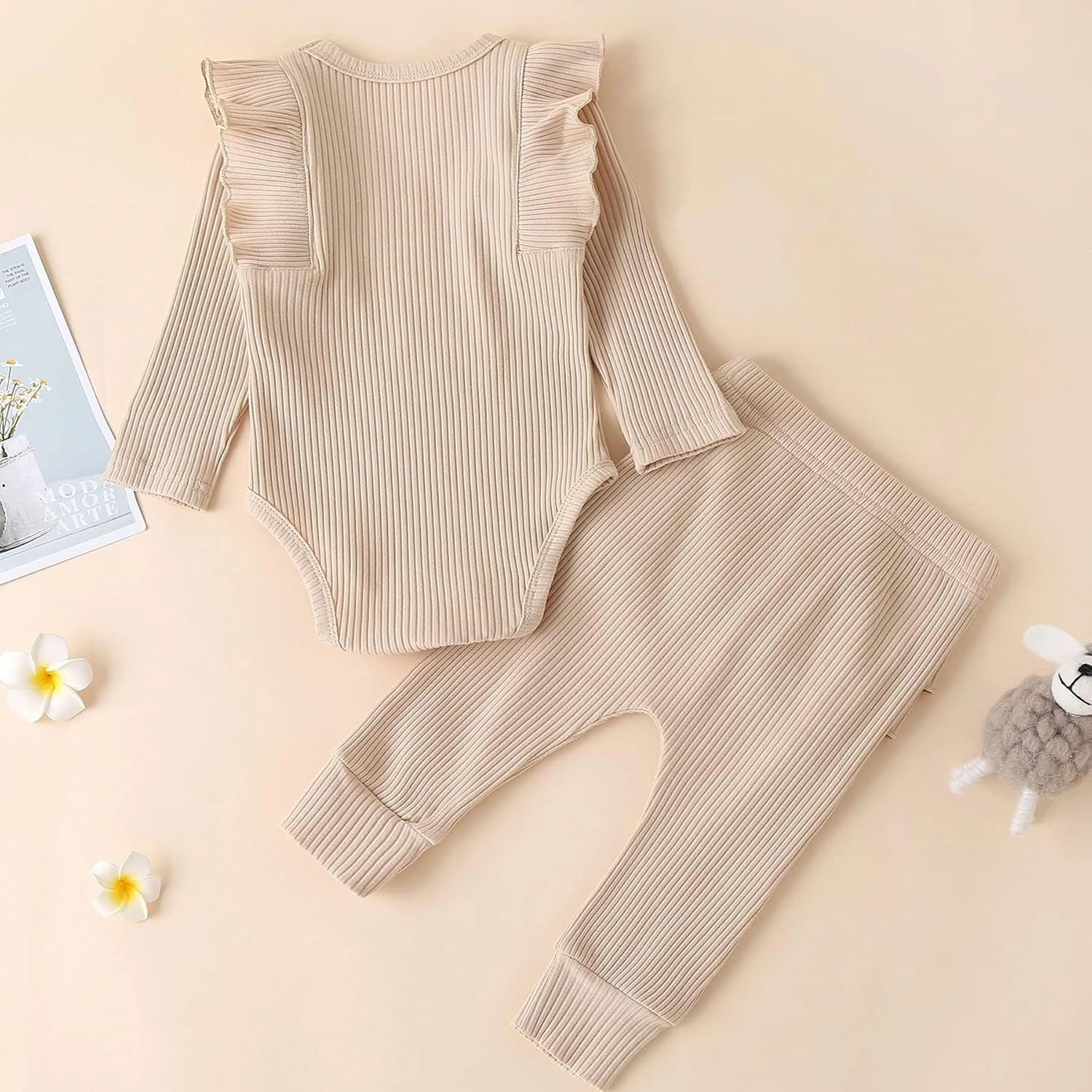 Fullfamous Baby Girl's 3pc Rib Frill Long Sleeve Romper and Pant Set