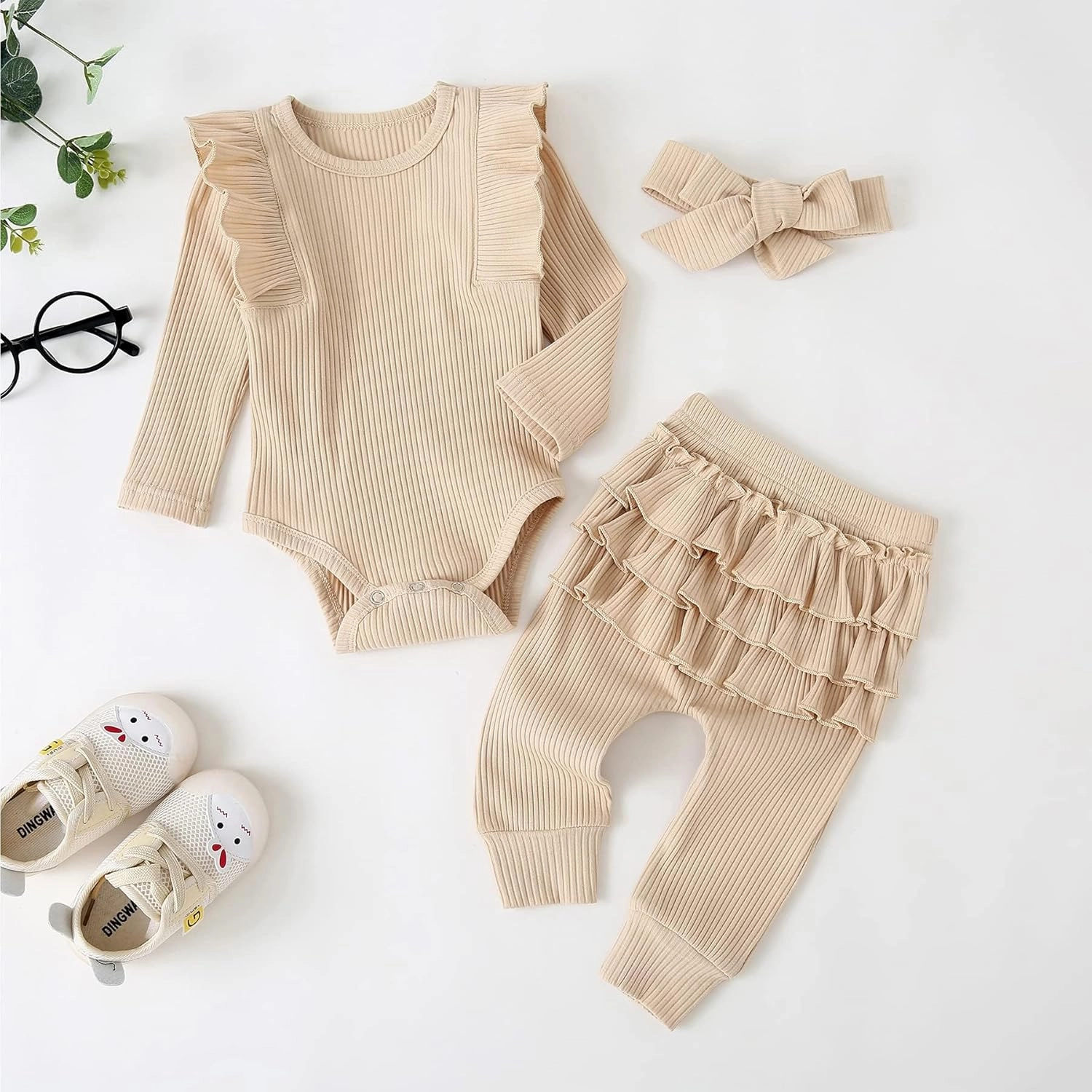 Fullfamous Baby Girl's 3pc Rib Frill Long Sleeve Romper and Pant Set