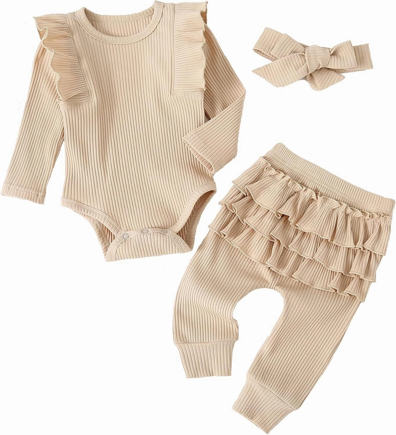 Fullfamous Baby Girl's 3pc Rib Frill Long Sleeve Romper and Pant Set