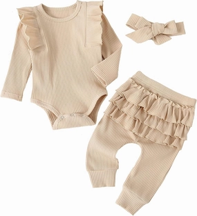 Fullfamous Baby Girl's 3pc Rib Frill Long Sleeve Romper and Pant Set