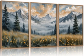FWIEXA Misty Mountain Framed Canvas Wall Art Set, Foggy Forest Modern Wall Decor, Nature Wildflower Grassland Artwork, Woodland Landscape Scenery Prints for Living Room, Office - Size 16"x24"x3