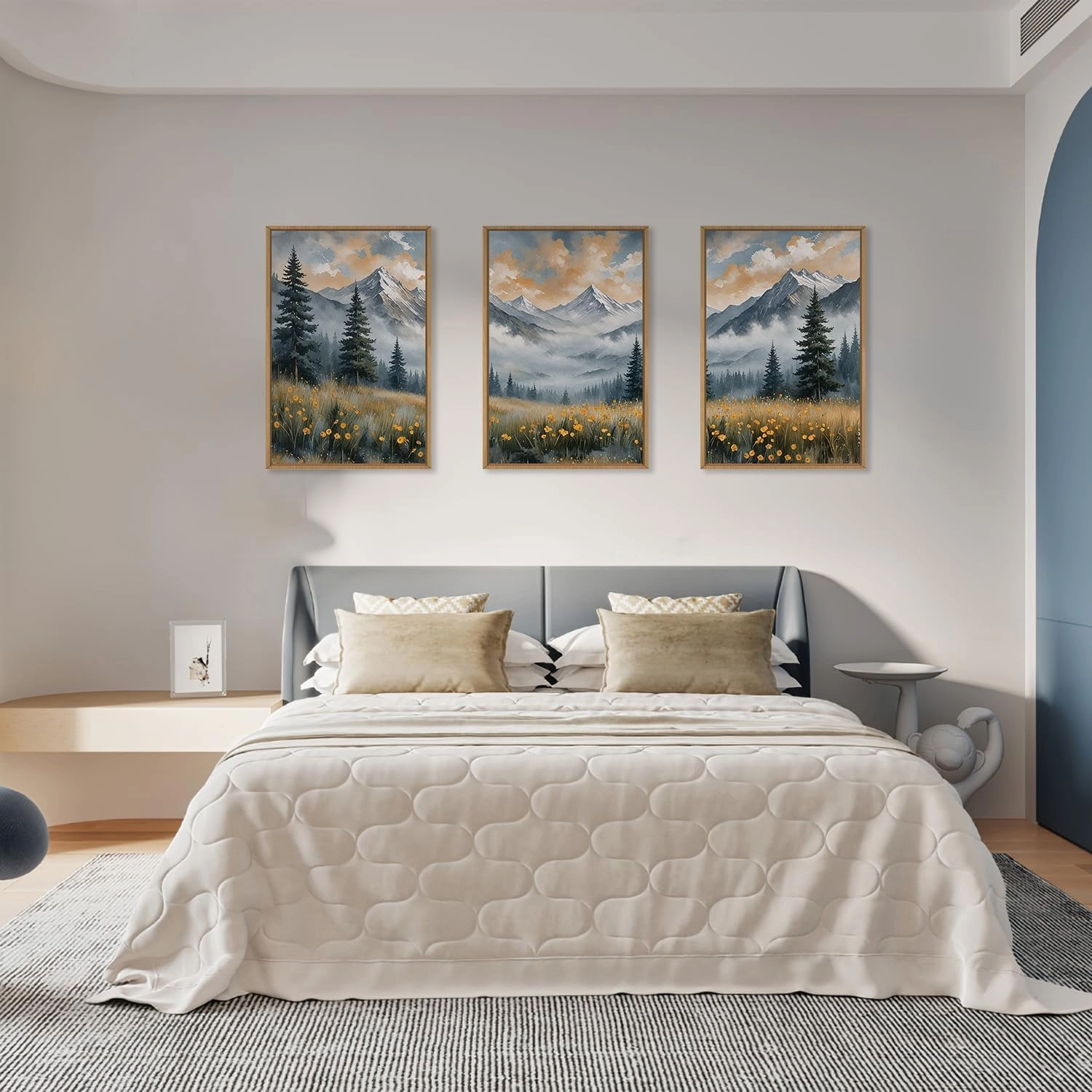 FWIEXA Misty Mountain Framed Canvas Wall Art Set, Foggy Forest Modern Wall Decor, Nature Wildflower Grassland Artwork, Woodland Landscape Scenery Prints for Living Room, Office - Size 16"x24"x3