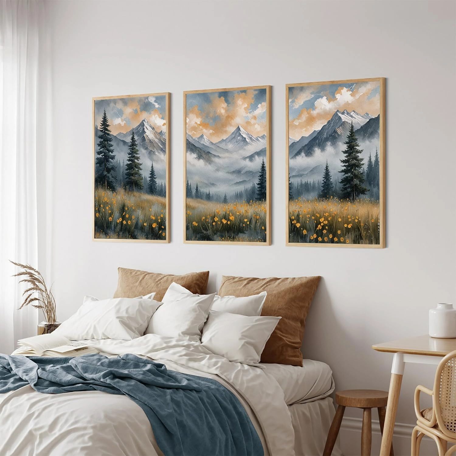 FWIEXA Misty Mountain Framed Canvas Wall Art Set, Foggy Forest Modern Wall Decor, Nature Wildflower Grassland Artwork, Woodland Landscape Scenery Prints for Living Room, Office - Size 16"x24"x3