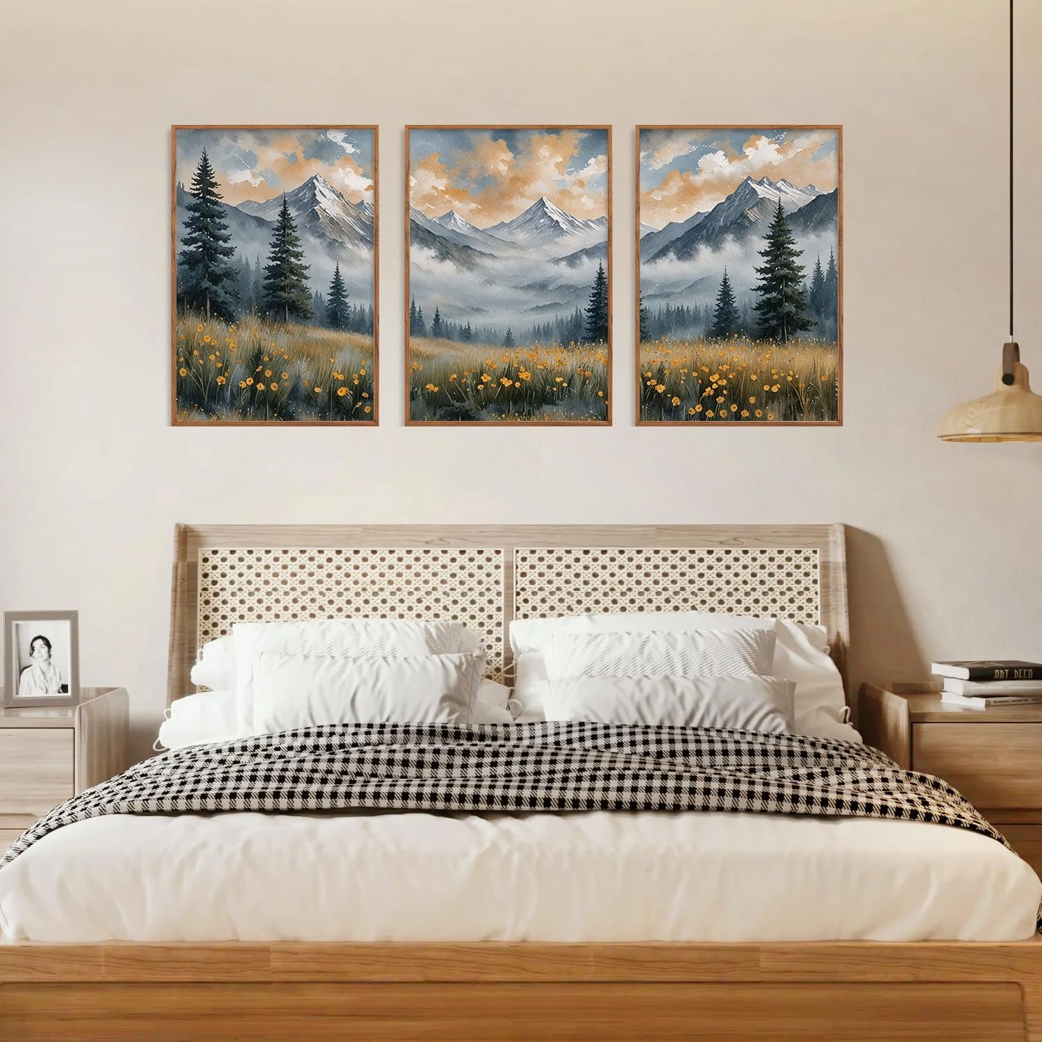 FWIEXA Misty Mountain Framed Canvas Wall Art Set, Foggy Forest Modern Wall Decor, Nature Wildflower Grassland Artwork, Woodland Landscape Scenery Prints for Living Room, Office - Size 16"x24"x3
