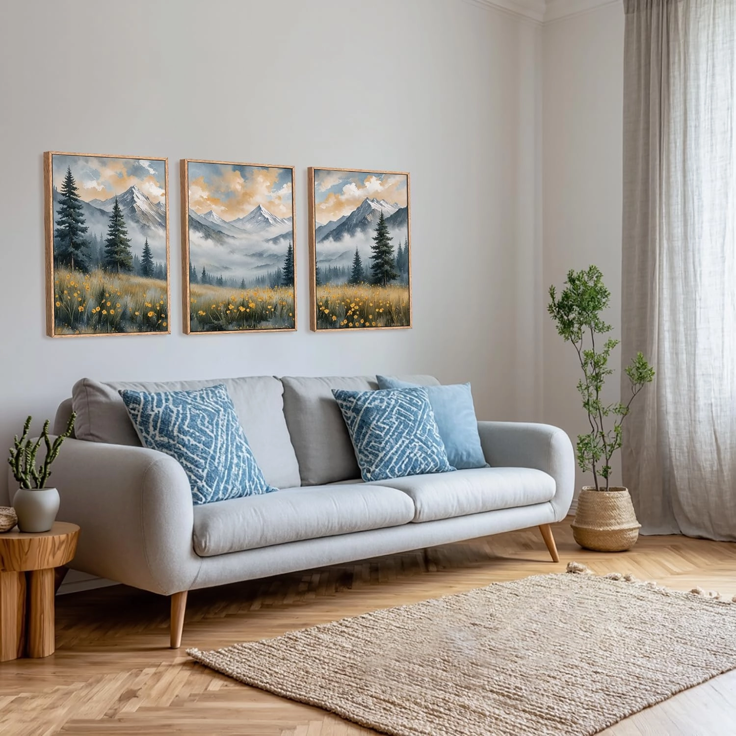 FWIEXA Misty Mountain Framed Canvas Wall Art Set, Foggy Forest Modern Wall Decor, Nature Wildflower Grassland Artwork, Woodland Landscape Scenery Prints for Living Room, Office - Size 16"x24"x3