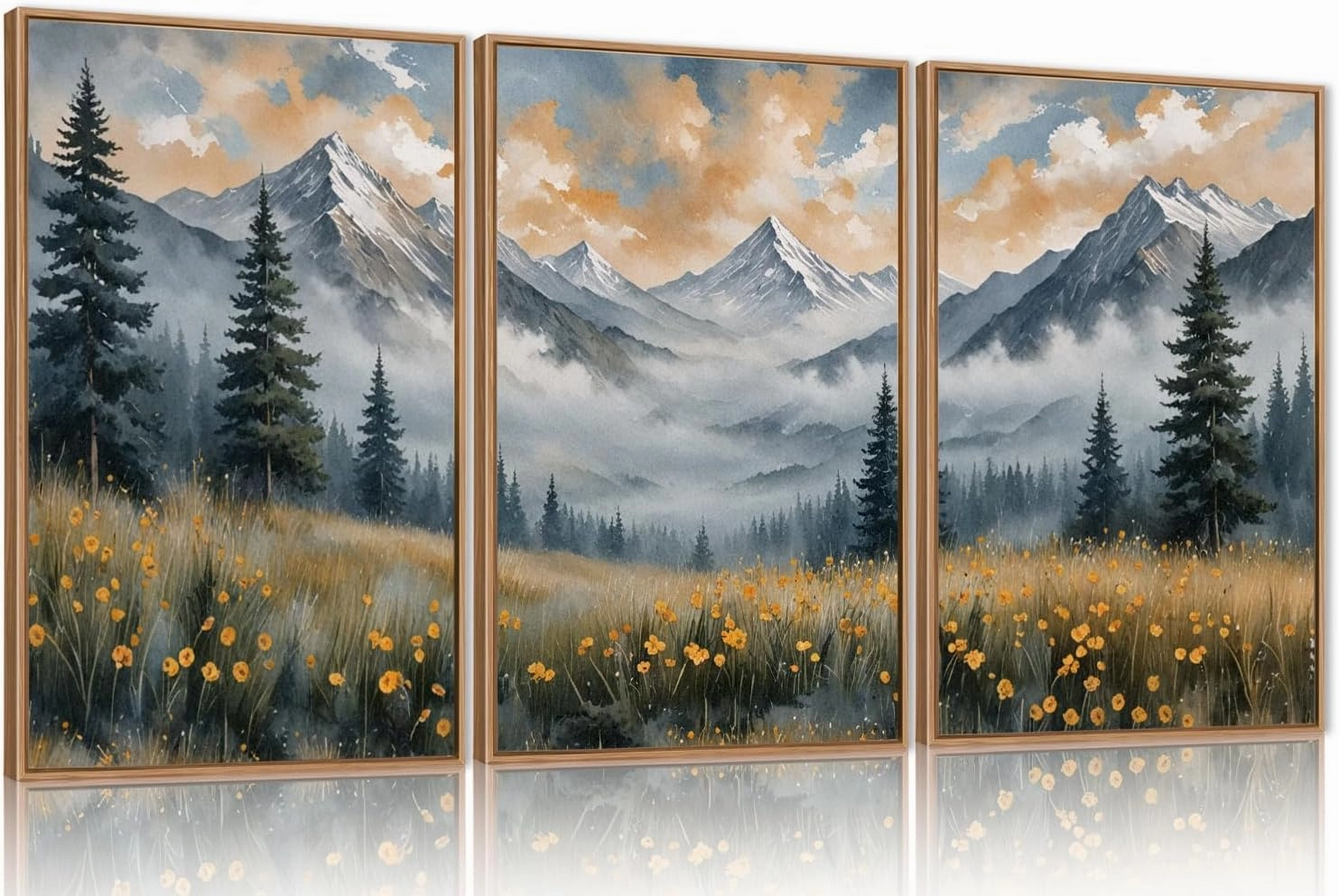 FWIEXA Misty Mountain Framed Canvas Wall Art Set, Foggy Forest Modern Wall Decor, Nature Wildflower Grassland Artwork, Woodland Landscape Scenery Prints for Living Room, Office - Size 16"x24"x3