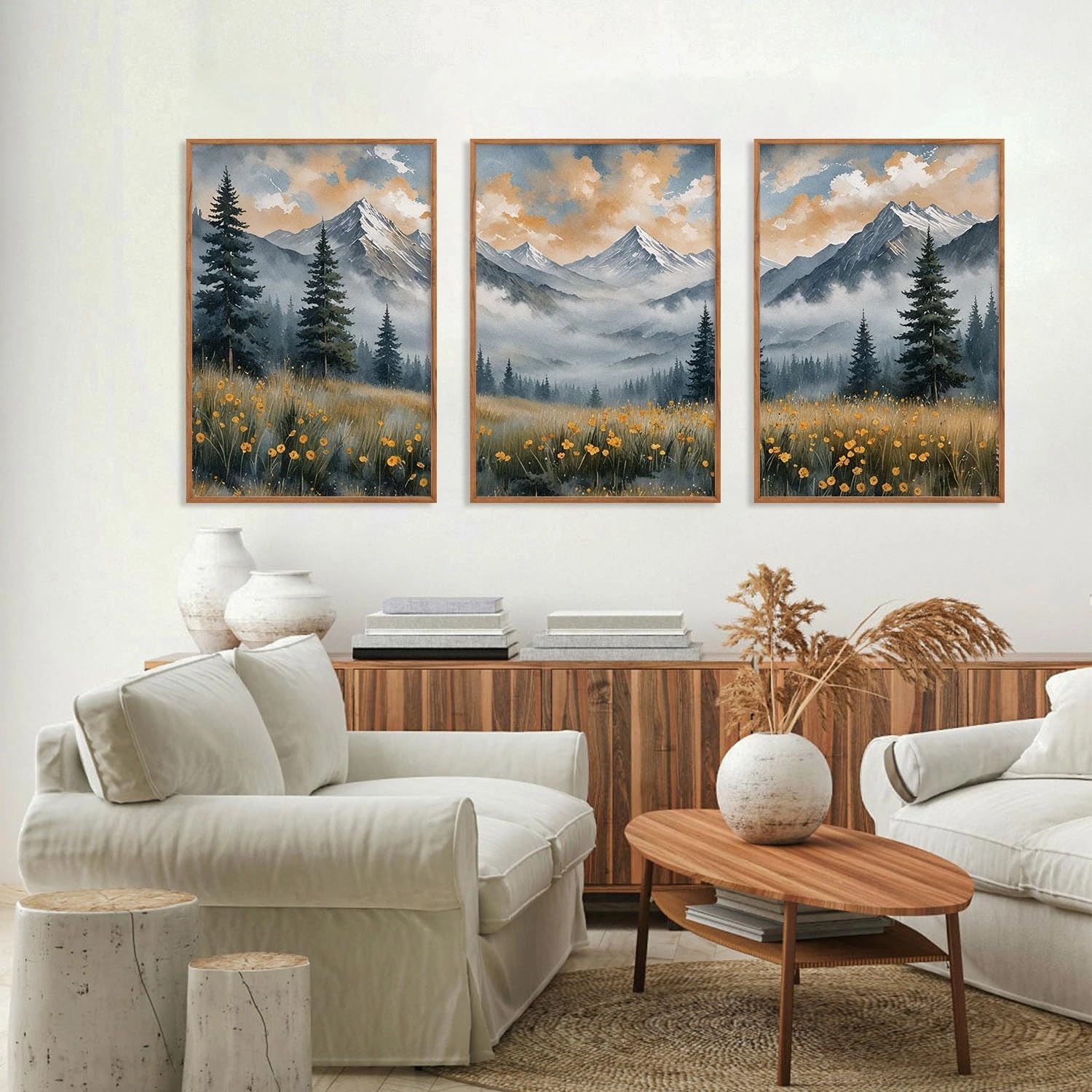 FWIEXA Misty Mountain Framed Canvas Wall Art Set, Foggy Forest Modern Wall Decor, Nature Wildflower Grassland Artwork, Woodland Landscape Scenery Prints for Living Room, Office - Size 16"x24"x3