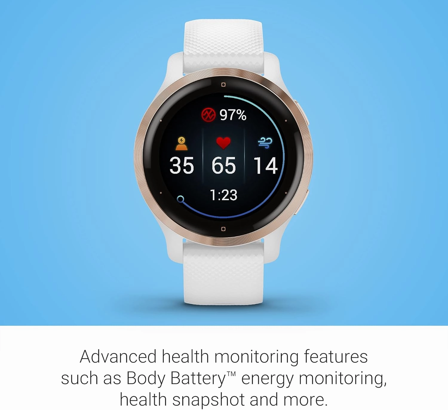 Garmin Venu 2S, Smaller-sized GPS Smartwatch with Advanced Health Monitoring and Fitness Features, Rose Gold Bezel with White Case and Silicone Band