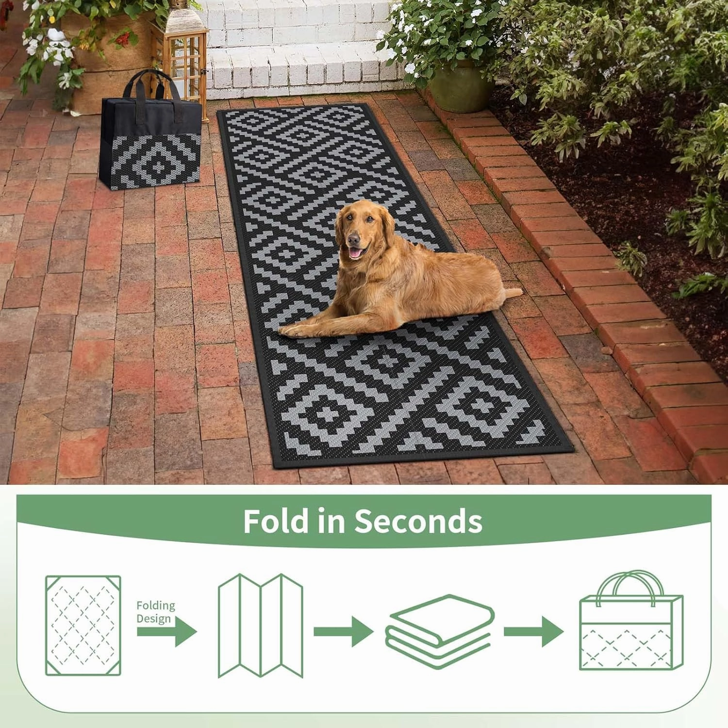 GENIMO Outdoor Rugs 2.5x8 Waterproof, Reversible Mats, Outdoor Area Rug, Plastic Outside Carpet, Eeometric Rv Mat for Patio Camping Rv Picnic Backyard Deck Balcony Porch Beach (Black & Grey)