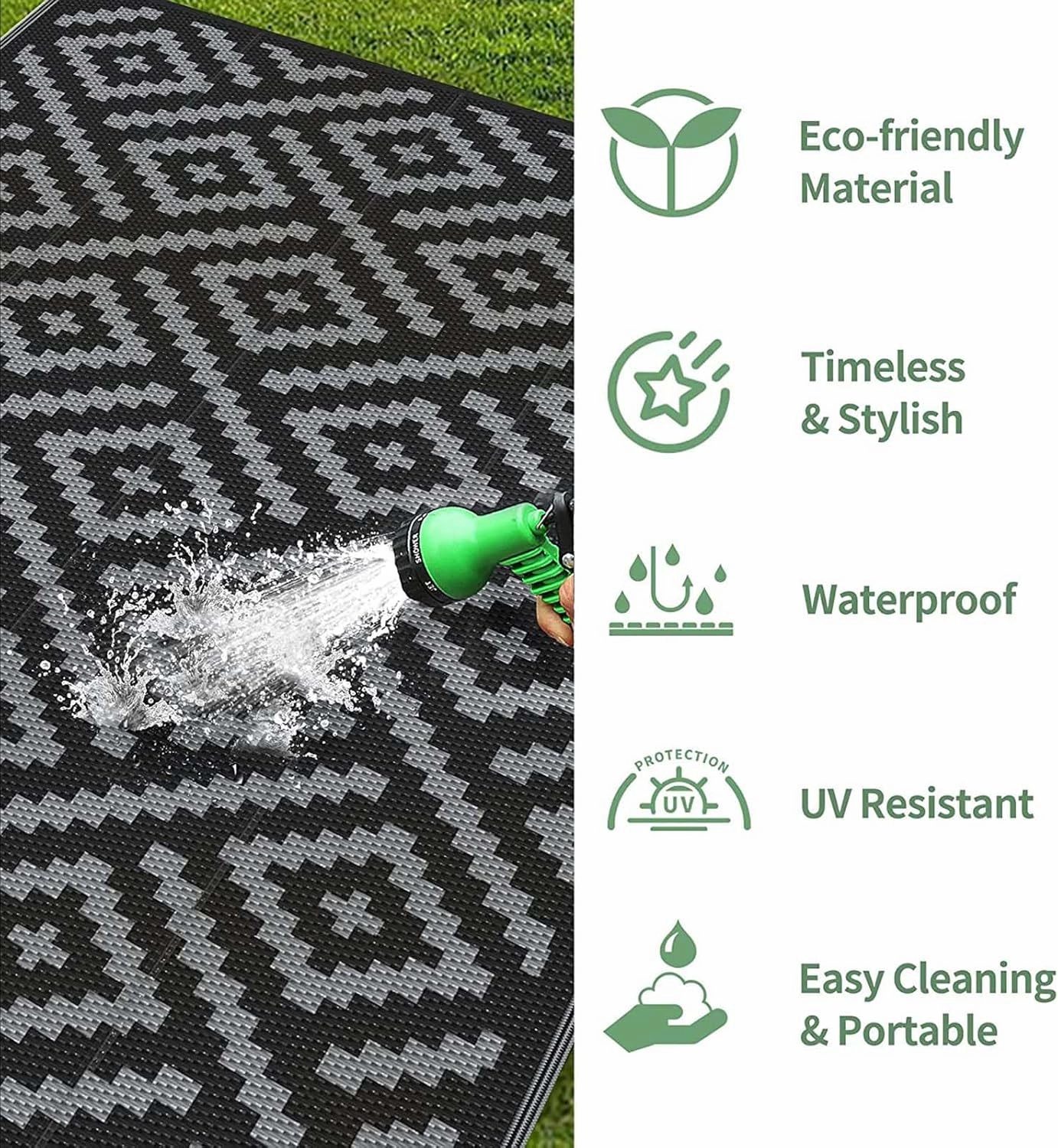 GENIMO Outdoor Rugs 2.5x8 Waterproof, Reversible Mats, Outdoor Area Rug, Plastic Outside Carpet, Eeometric Rv Mat for Patio Camping Rv Picnic Backyard Deck Balcony Porch Beach (Black & Grey)