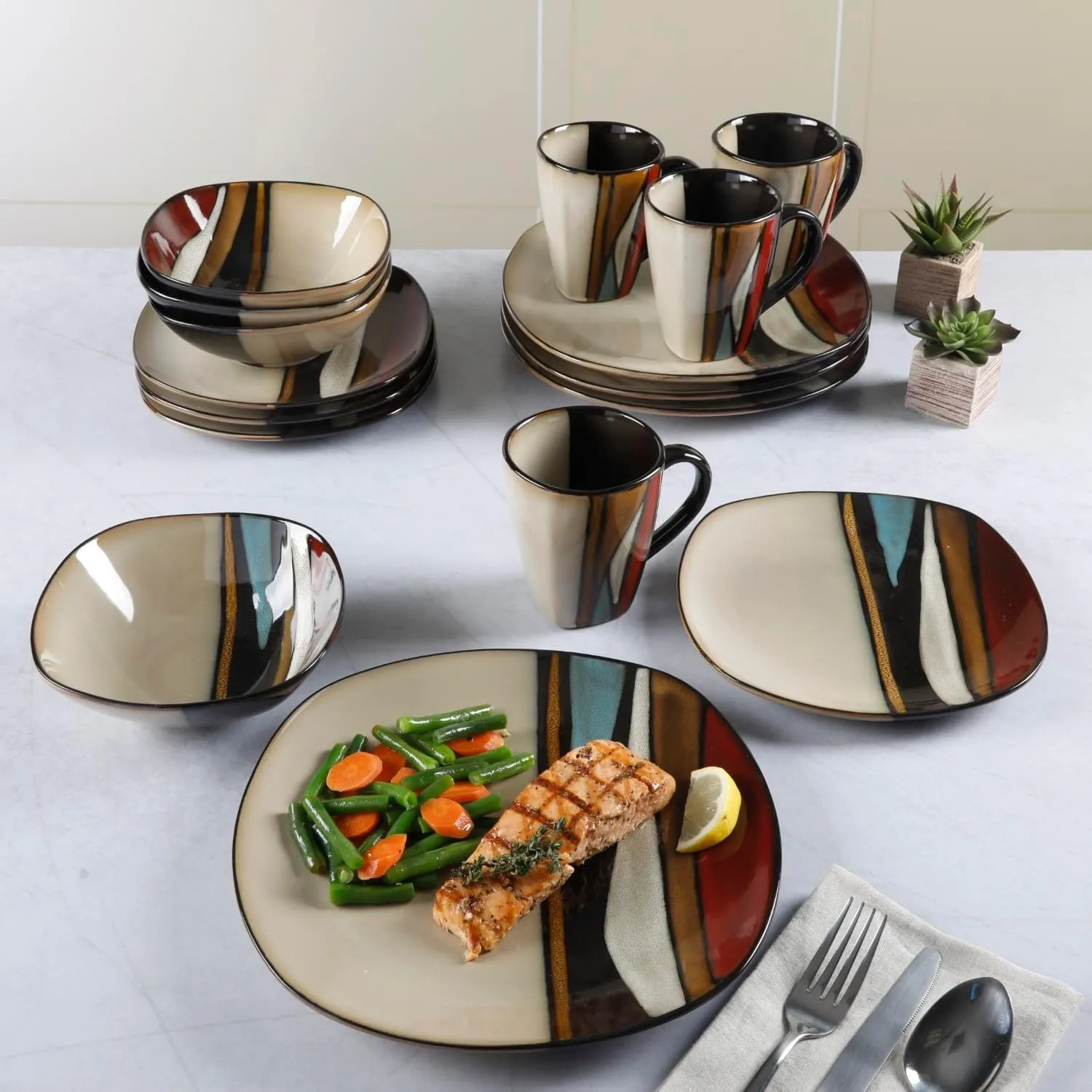 Gibson Elite Althea 16 Piece Reactive Glaze Dinnerware, Multicolor -, Service for 4 (16pcs), Red