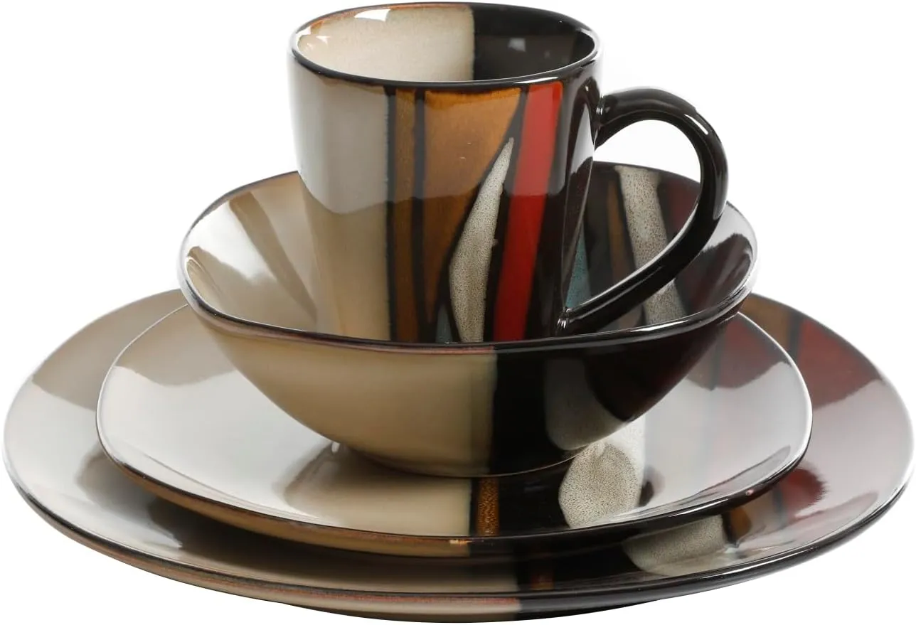 Gibson Elite Althea 16 Piece Reactive Glaze Dinnerware, Multicolor -, Service for 4 (16pcs), Red