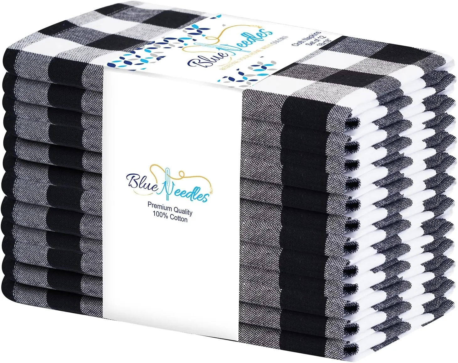 Gingham Buffalo Plaid Cloth Napkins - 100% Cotton Set of 12 Dinner Table Spring Summer Napkins 18x18 inch Soft, Reusable & Washable Perfect for Parties & Everyday Use - Black and White