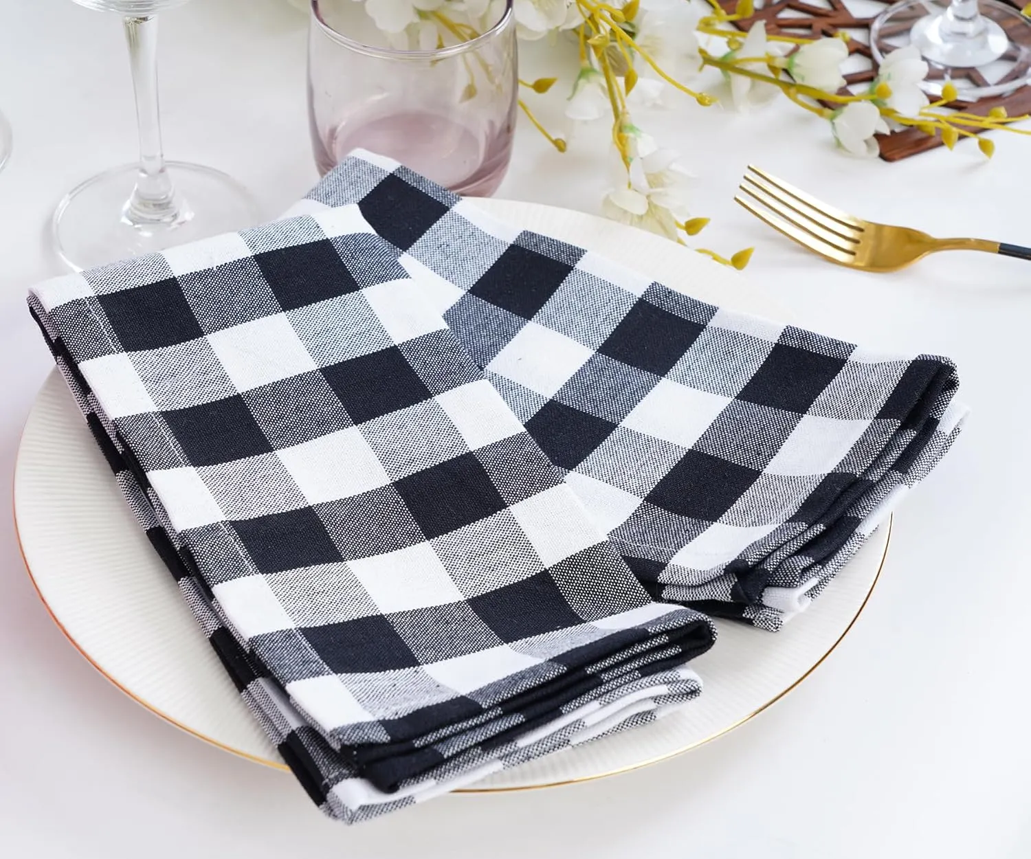 Gingham Buffalo Plaid Cloth Napkins - 100% Cotton Set of 12 Dinner Table Spring Summer Napkins 18x18 inch Soft, Reusable & Washable Perfect for Parties & Everyday Use - Black and White