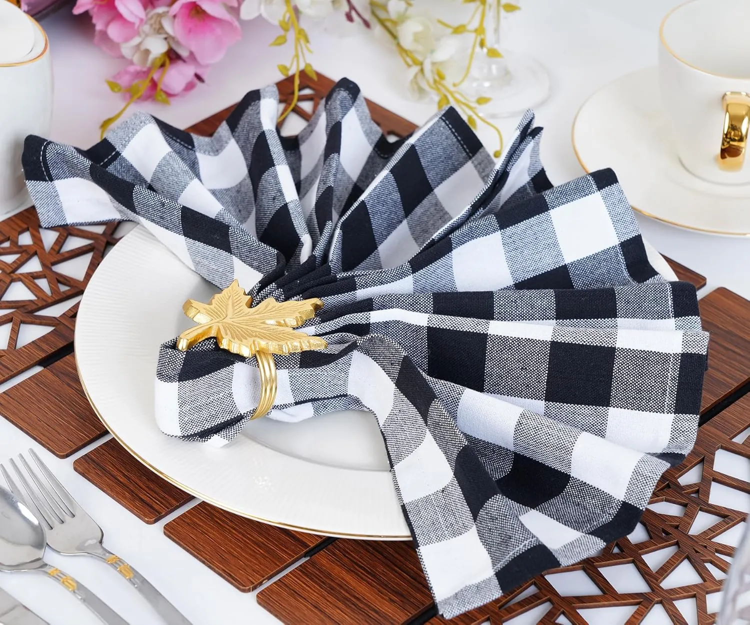 Gingham Buffalo Plaid Cloth Napkins - 100% Cotton Set of 12 Dinner Table Spring Summer Napkins 18x18 inch Soft, Reusable & Washable Perfect for Parties & Everyday Use - Black and White