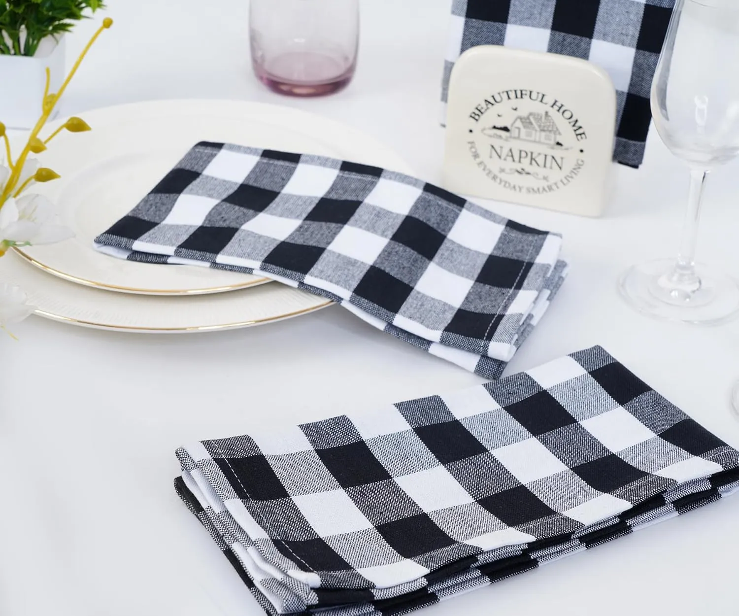 Gingham Buffalo Plaid Cloth Napkins - 100% Cotton Set of 12 Dinner Table Spring Summer Napkins 18x18 inch Soft, Reusable & Washable Perfect for Parties & Everyday Use - Black and White