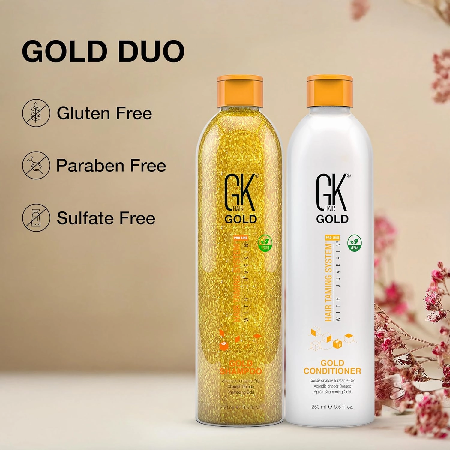 GK Hair Global Keratin Gold Shampoo and Conditioner Set 250ml | Moisturizing, Shine with Protection | Argan Oil, Shea Butter & Natural Oils for Healthy Hair