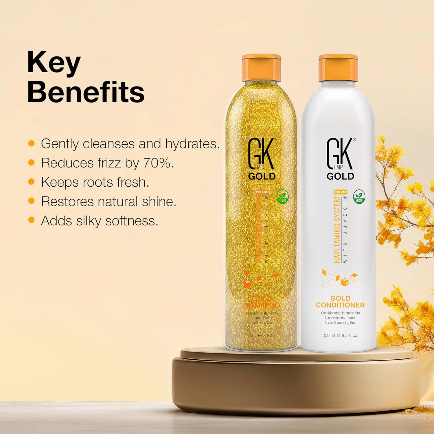 GK Hair Global Keratin Gold Shampoo and Conditioner Set 250ml | Moisturizing, Shine with Protection | Argan Oil, Shea Butter & Natural Oils for Healthy Hair