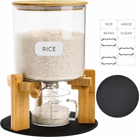 Glass Rice Dispenser 10 lbs, with Airtight Lid & Labels & Slider mat. Make your glass rice container Glass AND Bamboo rice container! Best 5L capacity grain dispenser and rice holder