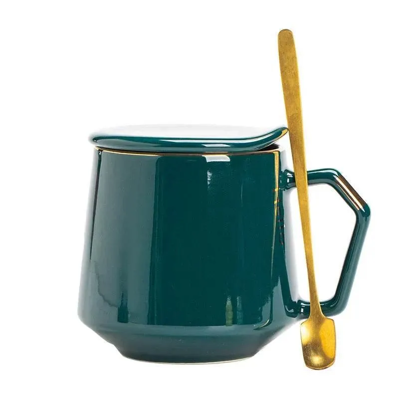Gold Ceramic Mug Set with Lid and Spoon - 400ml Coffee Water Milk