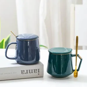 Gold Ceramic Mug Set with Lid and Spoon - 400ml Coffee Water Milk