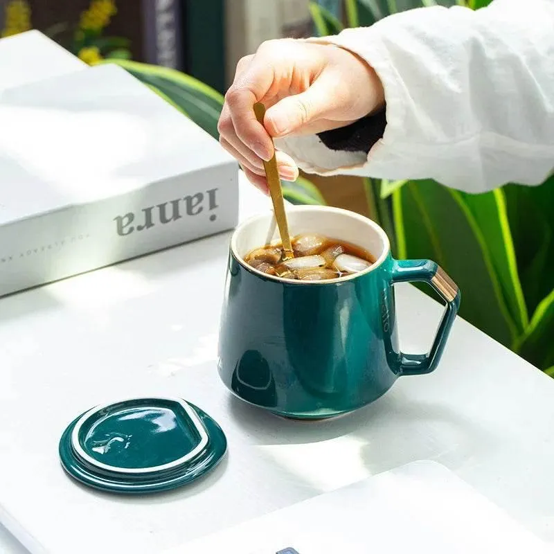 Gold Ceramic Mug Set with Lid and Spoon - 400ml Coffee Water Milk