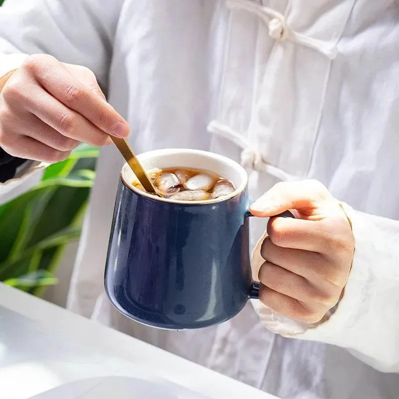 Gold Ceramic Mug Set with Lid and Spoon - 400ml Coffee Water Milk