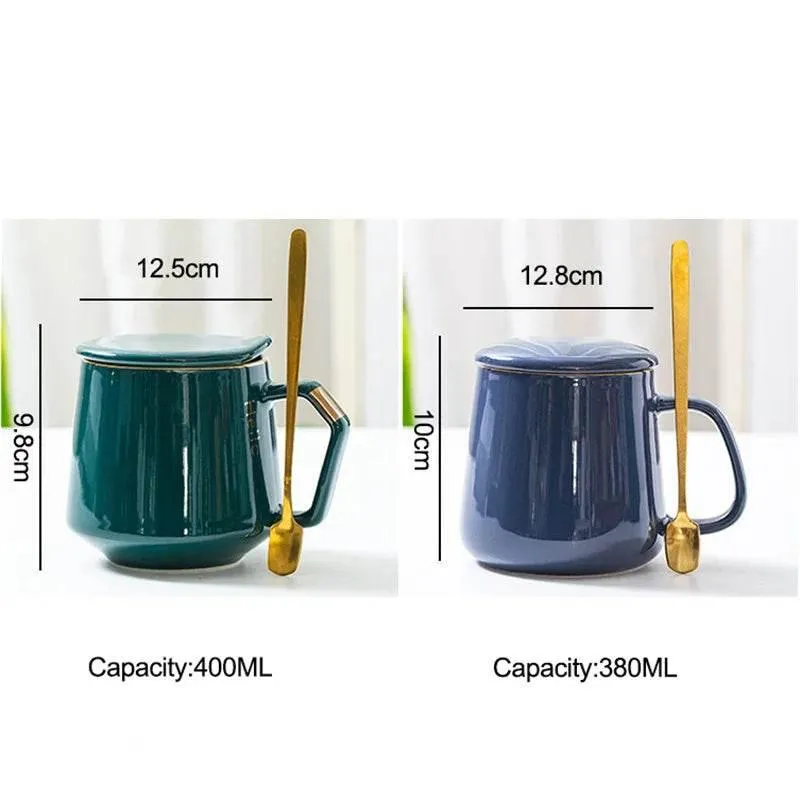 Gold Ceramic Mug Set with Lid and Spoon - 400ml Coffee Water Milk