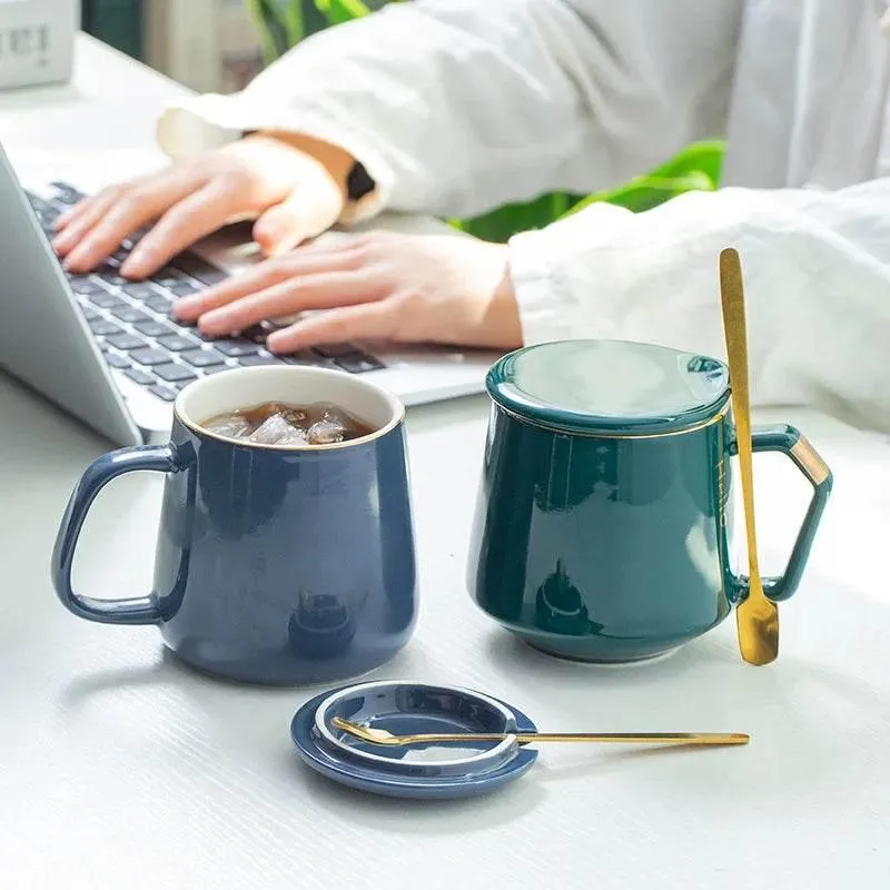 Gold Ceramic Mug Set with Lid and Spoon - 400ml Coffee Water Milk