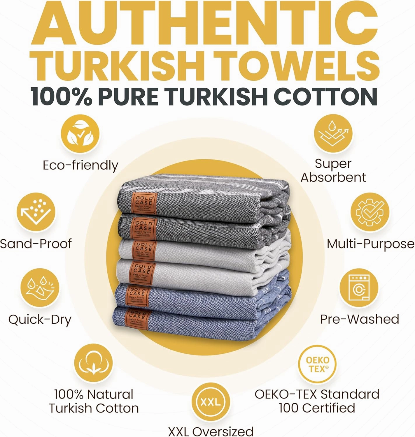 Gold CASE Turkish Beach Towel Set of 6 – 100% Cotton Large Turkish Bath Towels 70 x 38'' – LYCIA Oversized, Thin, Quick Dry & Sand Free Beach Towel – Lightweight Towels Set - Multi Dark