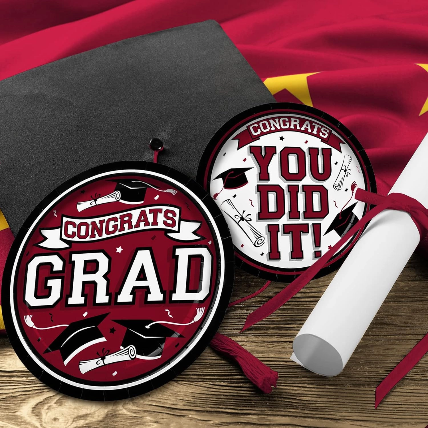 Graduation Party Supplies Dinnerware Set maroon Disposable dinner paper plates dessert paper plates and Napkins for Congrats Grad Party Decorations, Serve 50