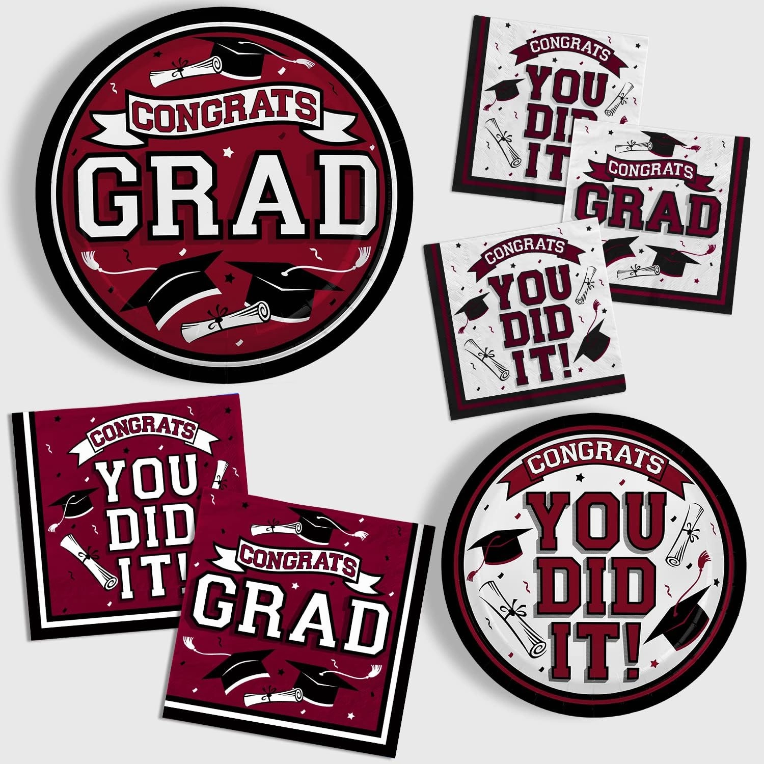 Graduation Party Supplies Dinnerware Set maroon Disposable dinner paper plates dessert paper plates and Napkins for Congrats Grad Party Decorations, Serve 50