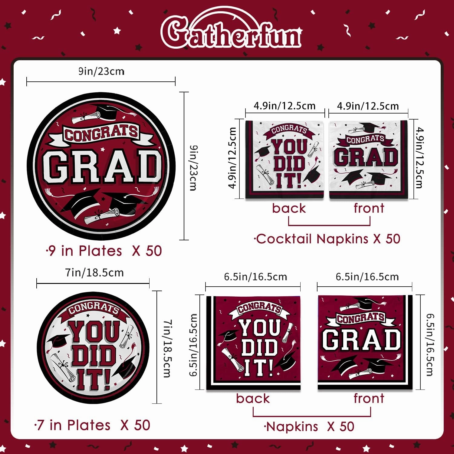 Graduation Party Supplies Dinnerware Set maroon Disposable dinner paper plates dessert paper plates and Napkins for Congrats Grad Party Decorations, Serve 50