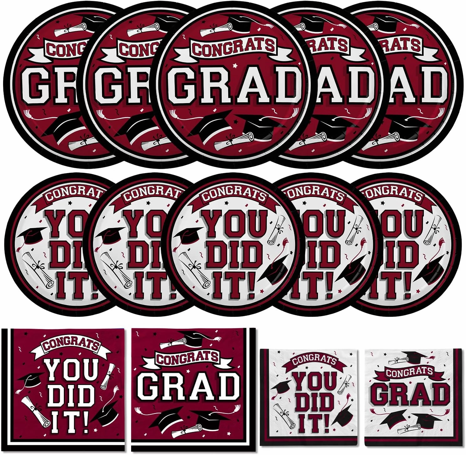 Graduation Party Supplies Dinnerware Set maroon Disposable dinner paper plates dessert paper plates and Napkins for Congrats Grad Party Decorations, Serve 50