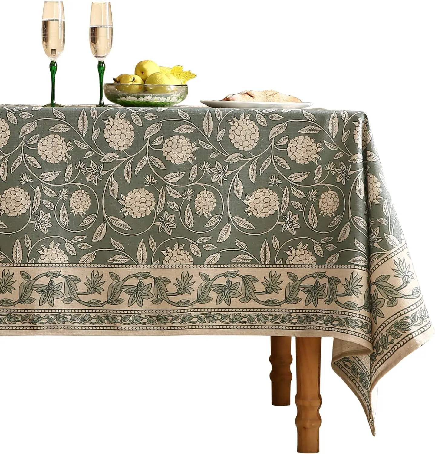 Grayish Green Square Tablecloth,Linen Table Cloth with Light White Flowers Pattern,Heavy Durable Table Cover for Dining Thanksgiving Kitchen Decor Party Banquet Christmas,55"*55"
