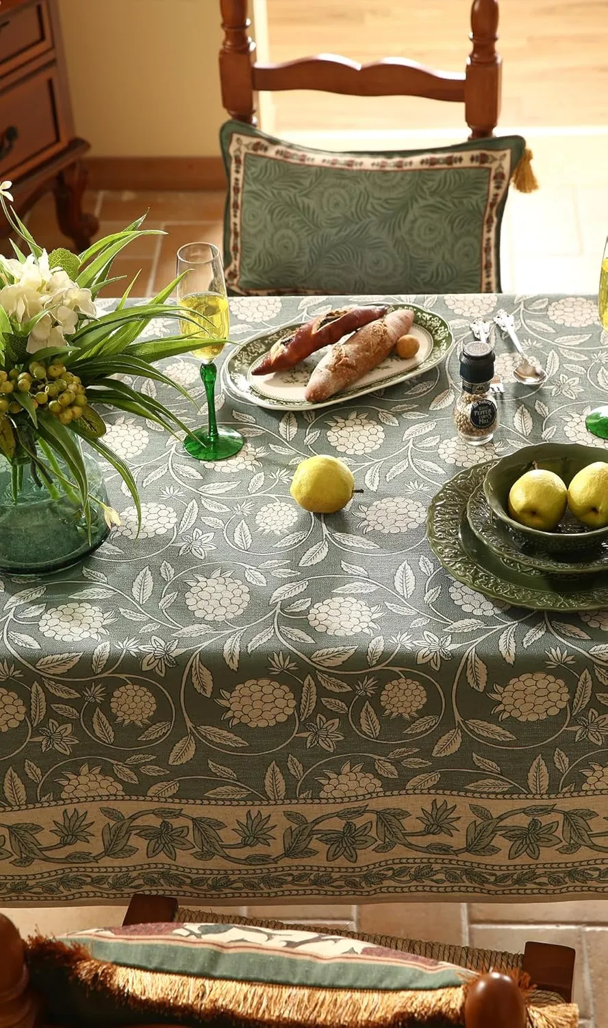 Grayish Green Square Tablecloth,Linen Table Cloth with Light White Flowers Pattern,Heavy Durable Table Cover for Dining Thanksgiving Kitchen Decor Party Banquet Christmas,55"*55"