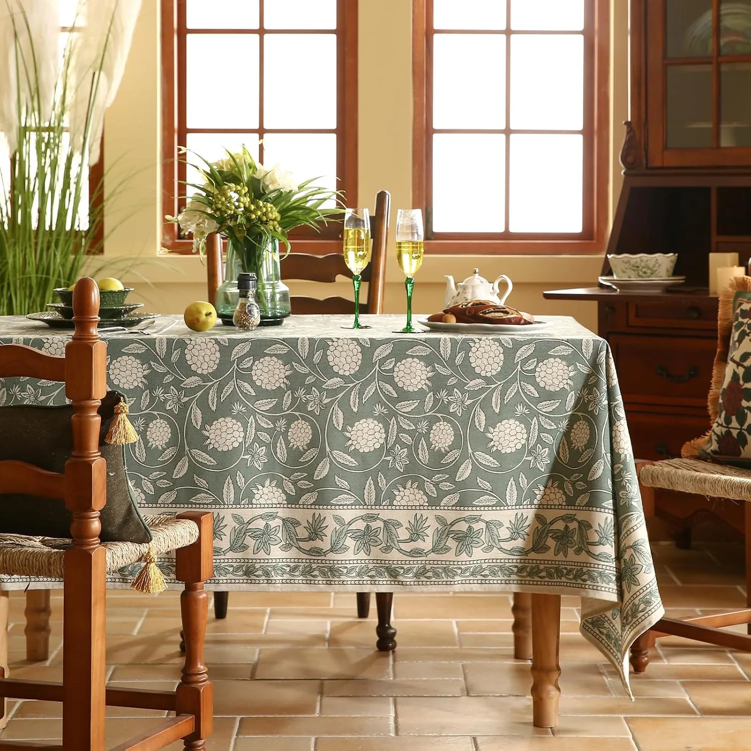 Grayish Green Square Tablecloth,Linen Table Cloth with Light White Flowers Pattern,Heavy Durable Table Cover for Dining Thanksgiving Kitchen Decor Party Banquet Christmas,55"*55"